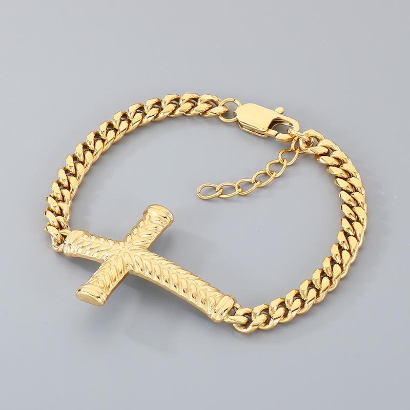 Golden Cross Cuban Link Bracelet for Men Stainless Steel Chain with Adjustable Extender Jewelry Trendy Religious Daily Accessory