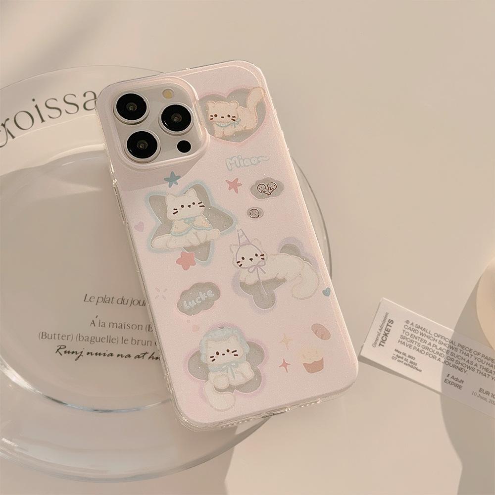 Applicable To Apple 16promax Mobile Phone Case 13 Cute Pink Star Cat Iphone 15 Soft Glitter Powder