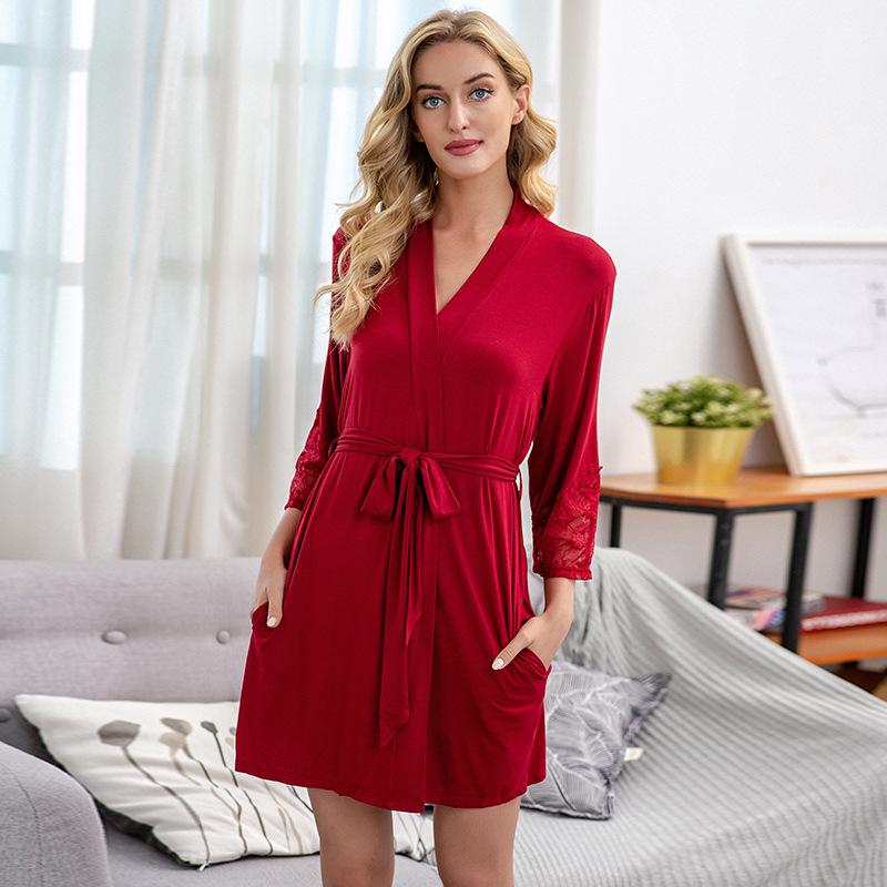 Plus Size Modal Cotton Lace Sleepwear - Women's Solid Color Loose Nightgown/Bathrobe