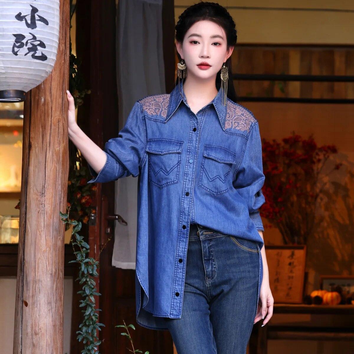 

Johnature женская весенняя нишевая рубашка с длинными рукавами и вышивкой в ​​китайском стиле, однотонная однобортная винтажная рубашка L синий