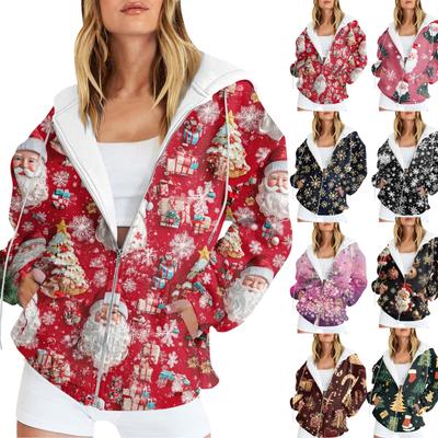Damenmode Casual Weihnachtsdruck Sweatshirt Herbst Winter Langarm Cardigan Jacke Mit Tasche Reißverschluss Hoodie Jacke