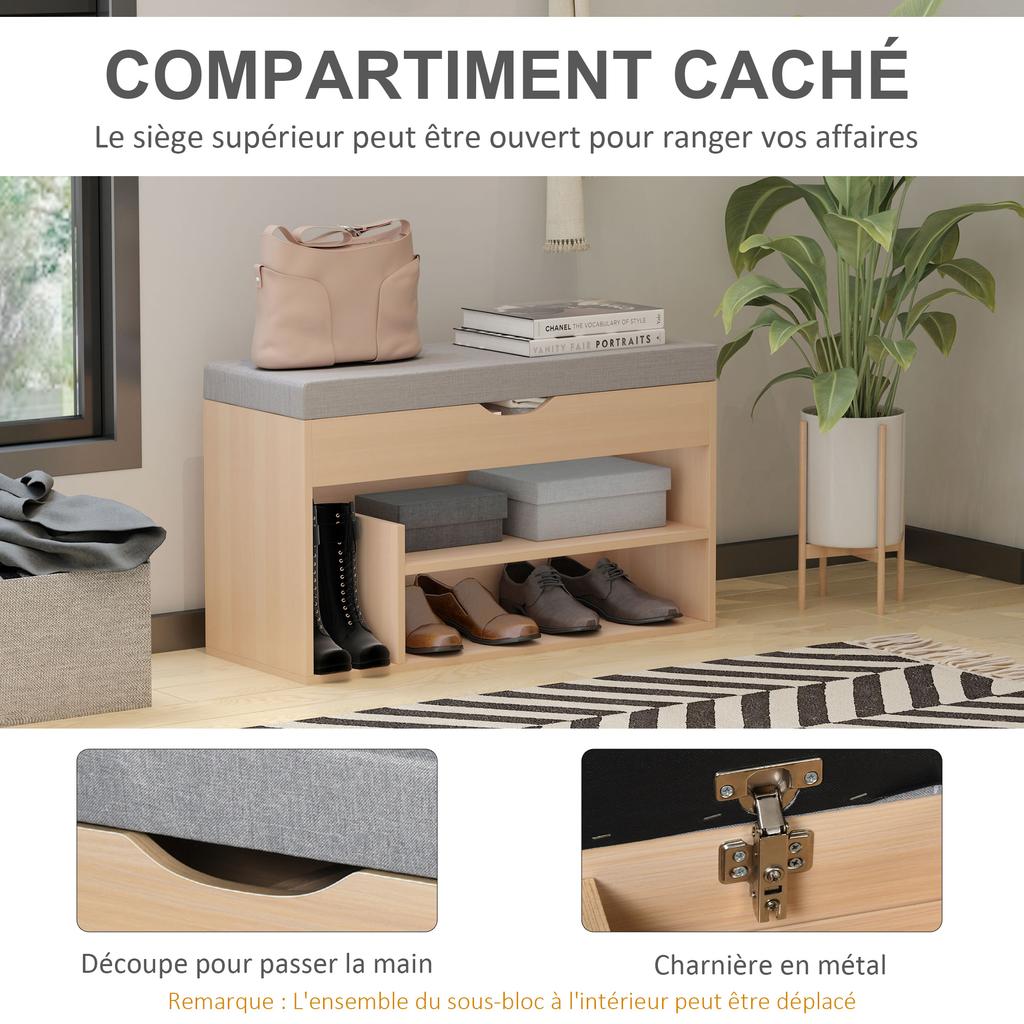 Shoe Cabinet Shoe Bench 2-Level Storage, Niche + Built-in Chest with Cushion Beige Grey