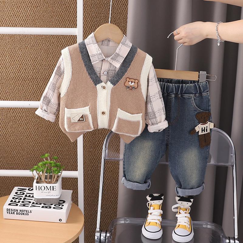 

Корейский детский и малышковый свитер-жилет с мишкой на весну и осень 2024 года 100cm хаки