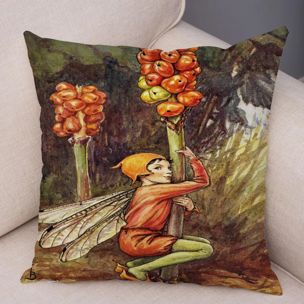 Vintage Cartoon Elfen Kissenbezug Dekor Bunte Märchenwelt Kissenbezug Plüsch Blumenmädchen Kissenbezug für Sofa Zuhause