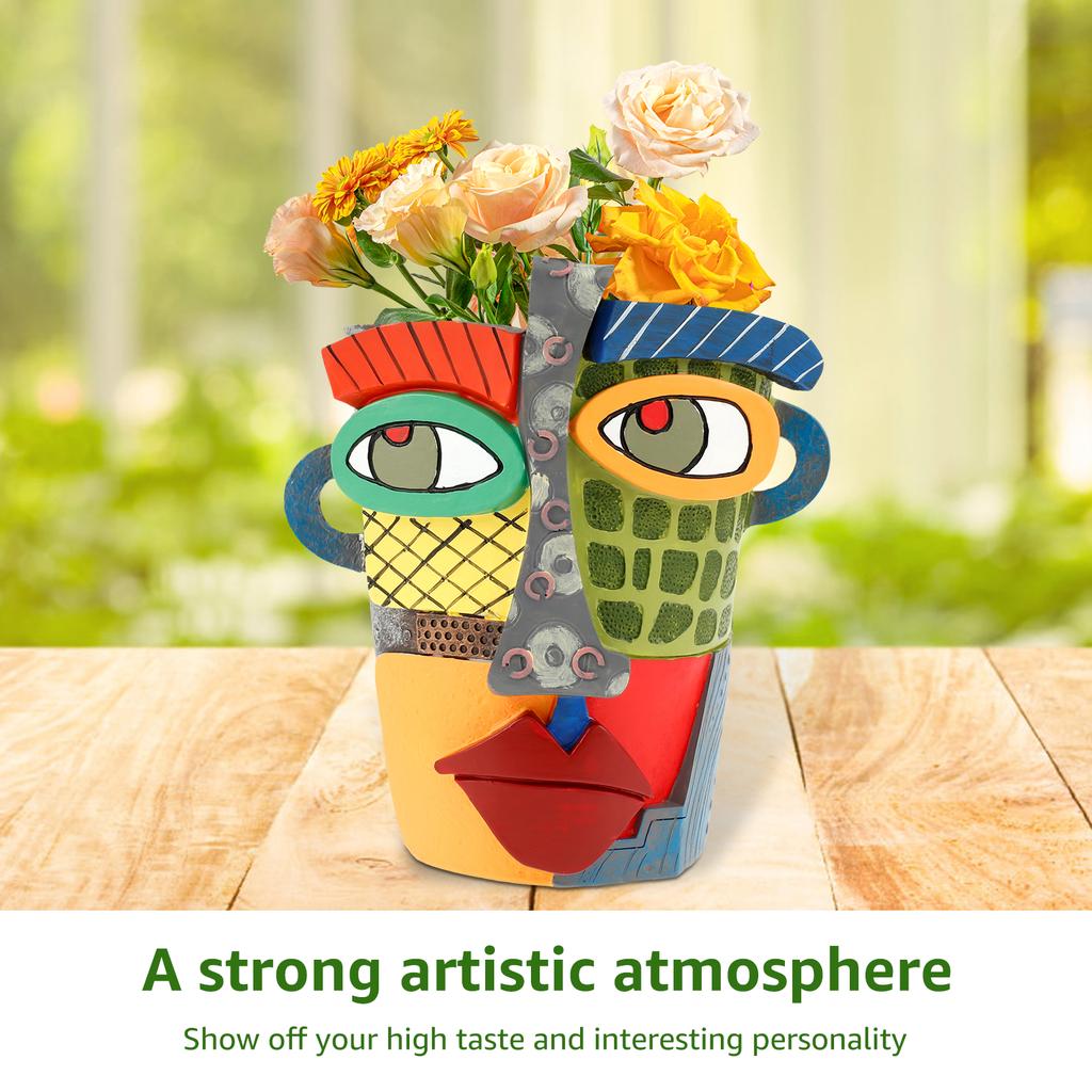 Abstract Face Resin Flower Pot Colorful Artistic Planter with Handle Portable Home Decor Plant Container Funny Face Flower Pot