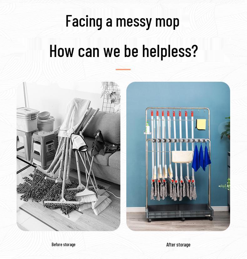 Stainless Steel Floor-Standing Mop Rack with Draining Shelf and Free Shipping