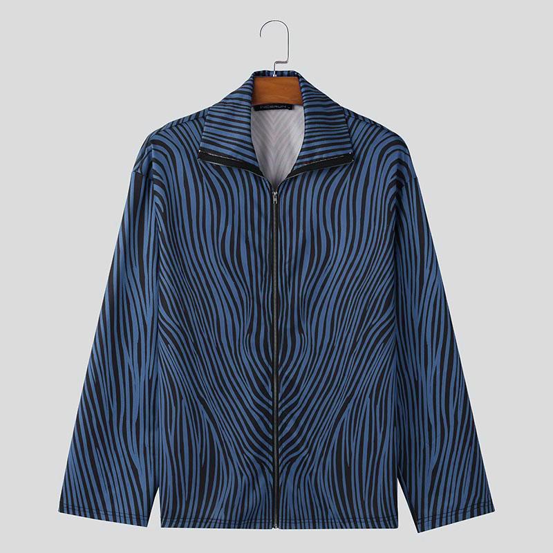 

INCERUN Мужские повседневные тонкие толстовки с длинным рукавом на молнии с полосатым принтом 3XL синий