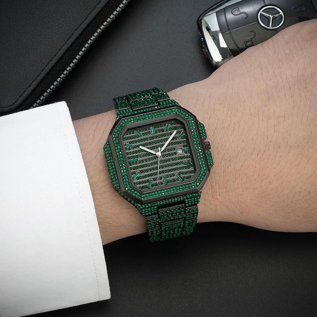 Watch For Men Luxury Gold Square Men's Wristwatch Alloy Strap Full Diamond Business Quartz Watch For Man Clock Gifts