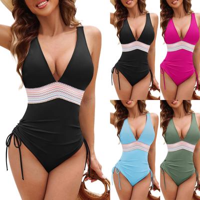 Women's One Piece Swimsuit Solid Color V Neck Sleeveless Swimwear with Side Adjustable Drawstring and Waist Detail for Beach Pool