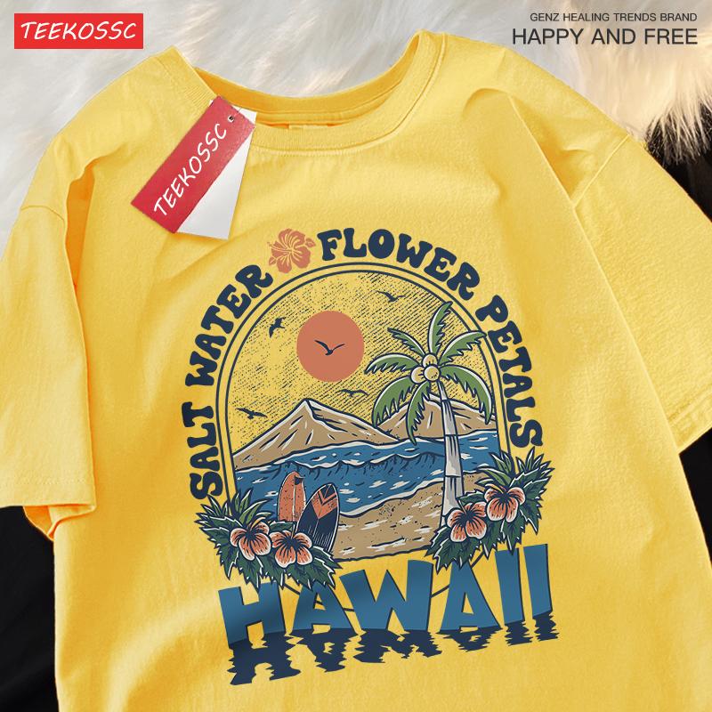 Salt Water Flower Petals Hawaii Clothes Men Women Harajuku Summer Tshirt Cartoon Cotton T-Shirt Fashion Breathable Couple Tops