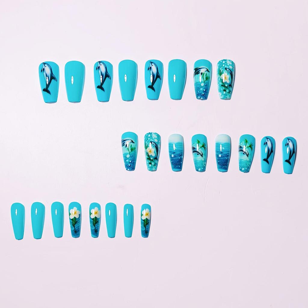 Delfino Blu Wearable Primavera Oceano Ballet Unghie – 24 Adesivi per Unghie e Set di Unghie Finte