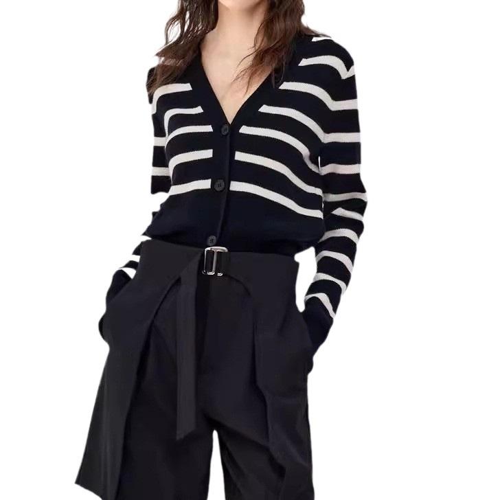 Autumn Women's V-neck Long Sleeved Sweater Striped Knitted Sweater Cardigan Design Sense