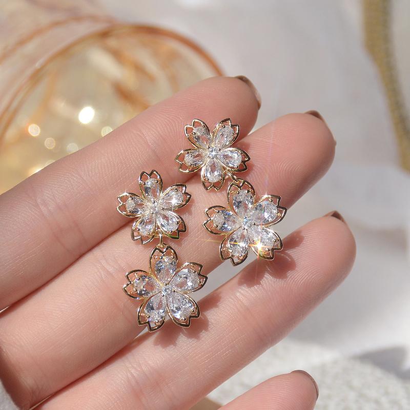Korean  Selling Fashion Jewelry 14K Real Gold Plated Copper Inlaid CZ Zircon Earrings Elegant Double Flower Women Earrings