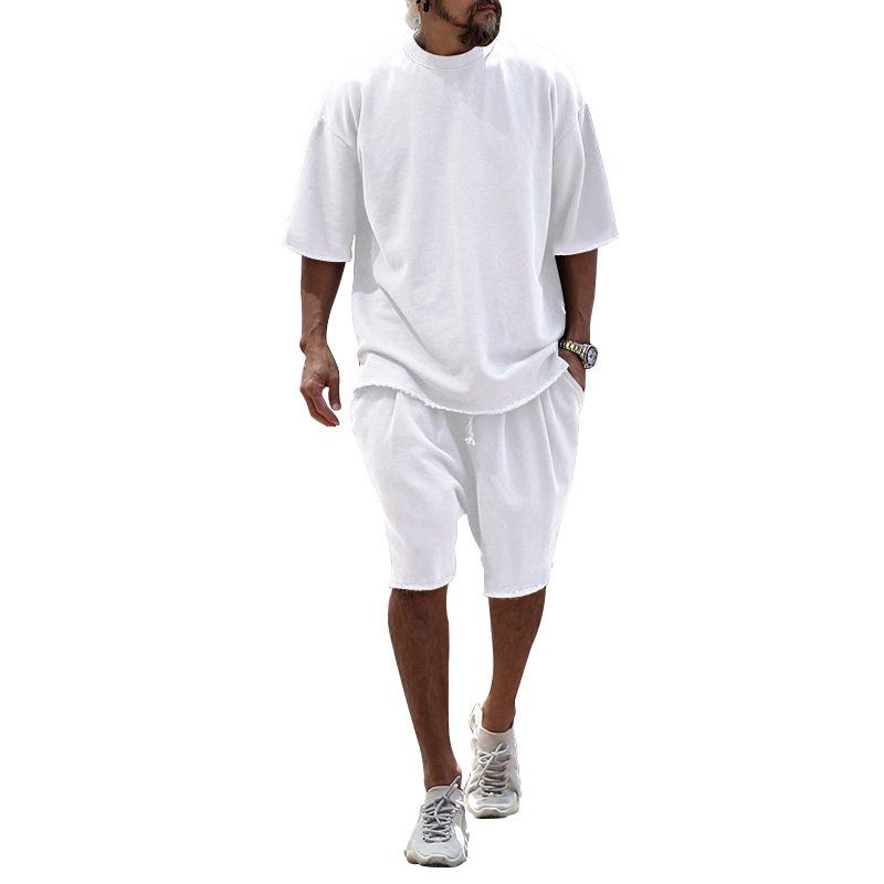 European Plus Size Casual Men's Set: Loose Short Sleeve T-shirt & Solid Color Shorts