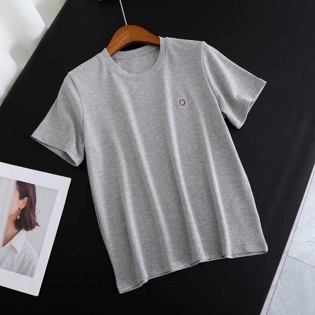 Women's Summer Embroidered Short-Sleeve T-shirt: Versatile Solid Color Base Layer Tee