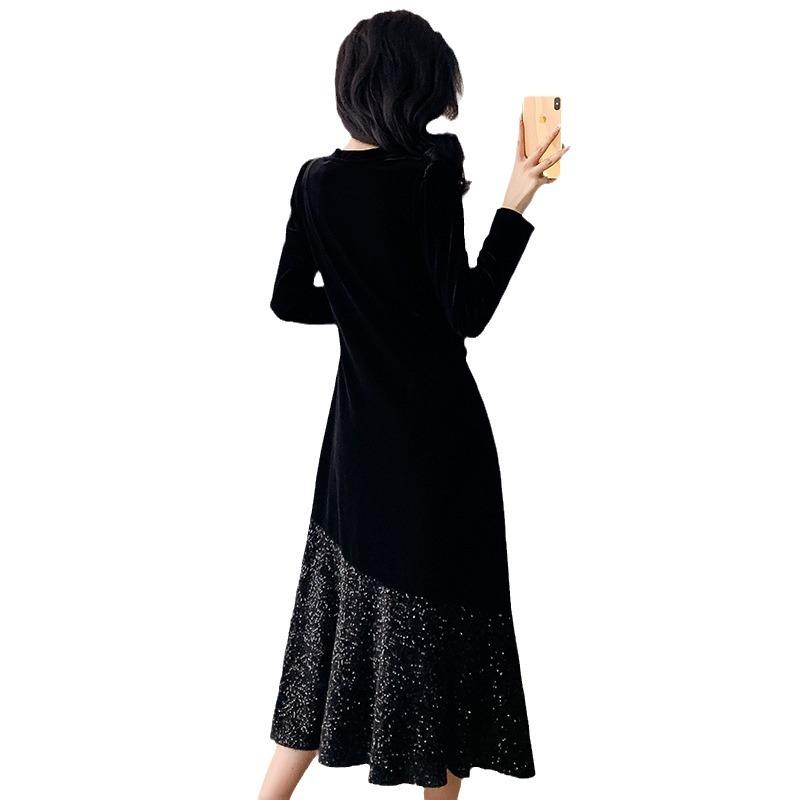 Autumn and winter bottoming velvet dress, fishtail shiny splicing wrinkled meat covering and thin dress