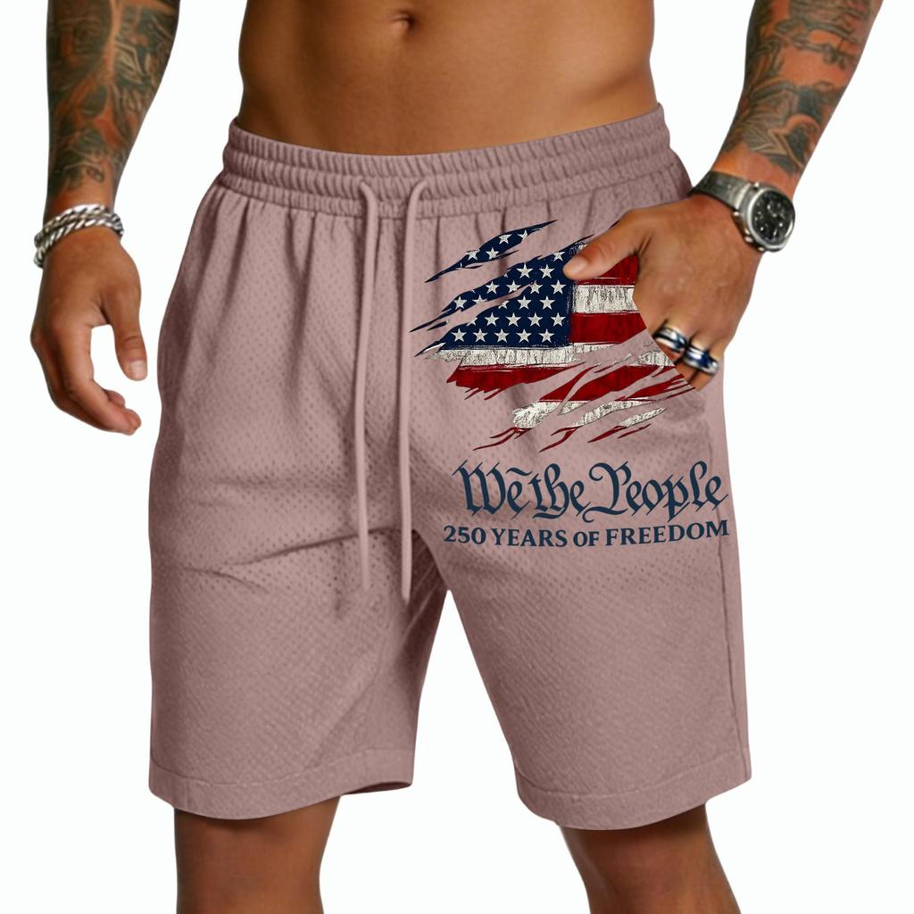 Pantalones Cortos de Malla para Hombre con Cintura de Cordón y Gráfico de Bandera We The 250 Años de Estilo Holgado