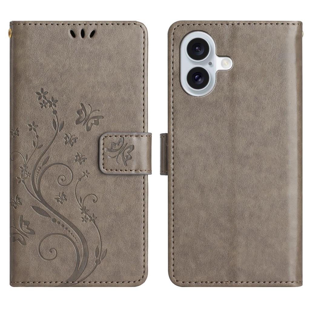 For iPhone 17 Leather Wallet Case Butterfly Flower Imprinted Phone Cover with Strap