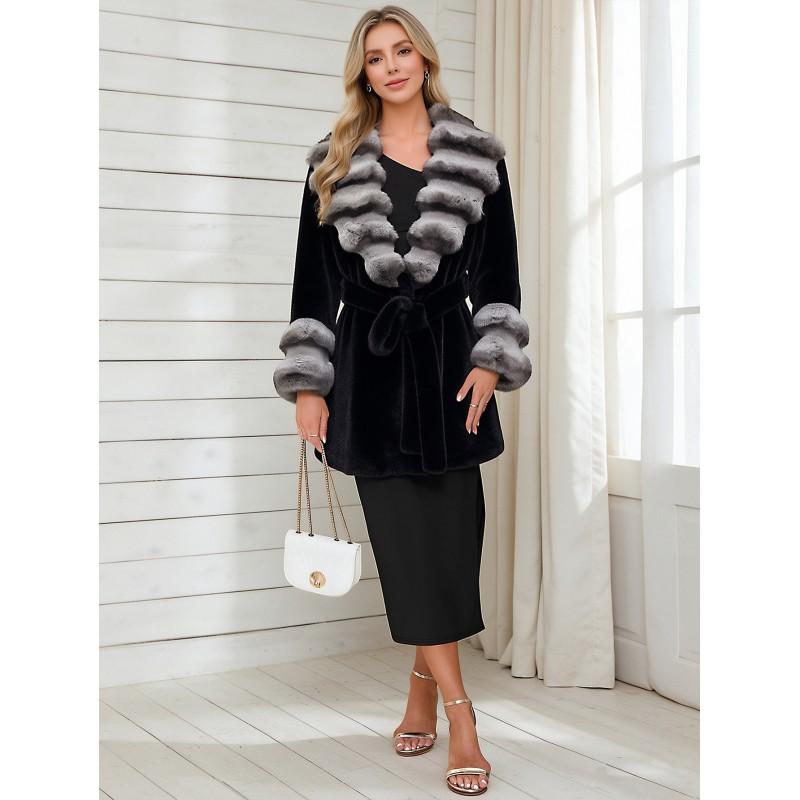 Womens Short Faux Fur Coat Leopard Print Belted Warm Leather Plush Outerwear
