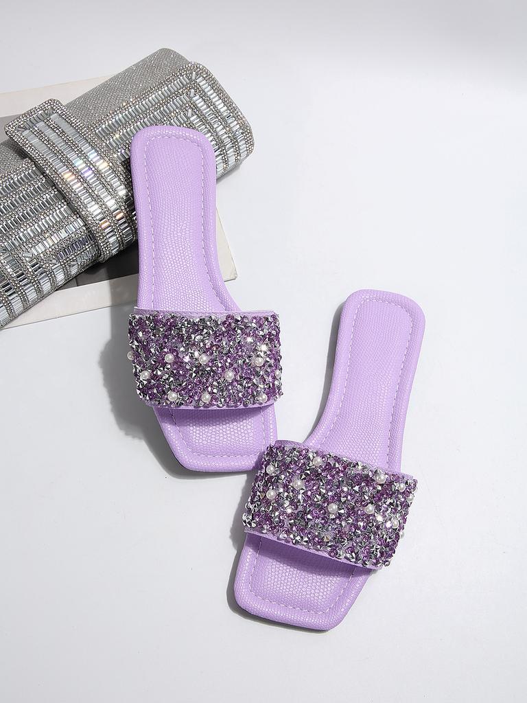 [Foreign Trade] Large size flat-bottomed cool slippers, low rhinestone versatile one-word drag, casual open-toed women's slippers