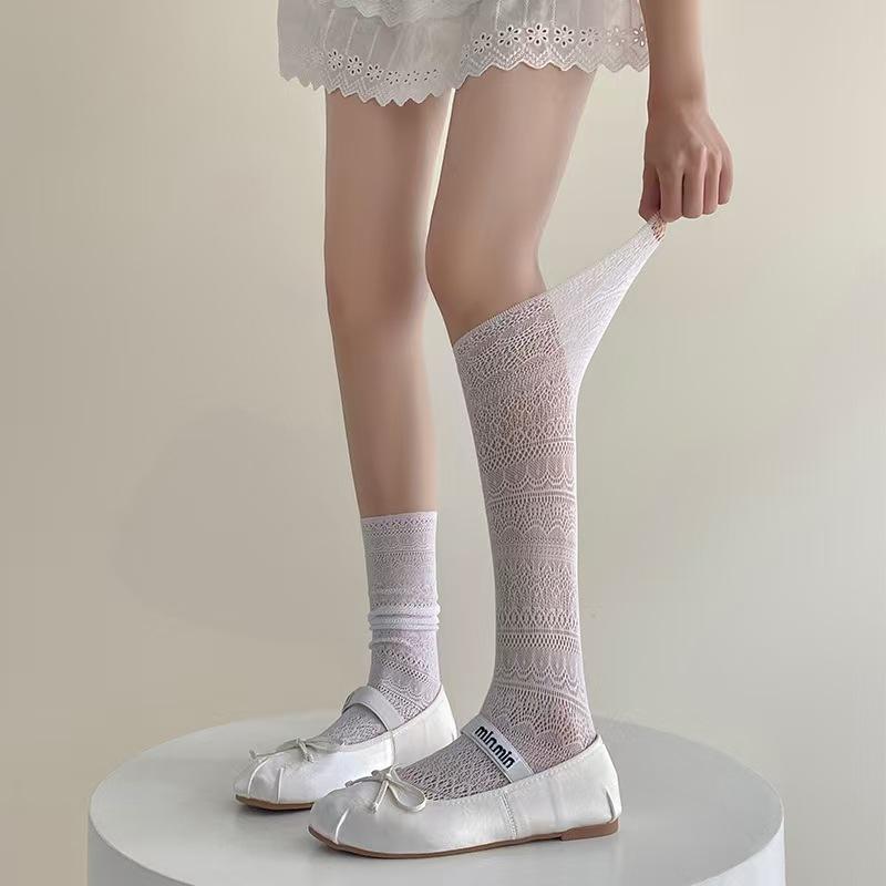 Womens Thin Mesh Breathable Midcalf Lace Socks With Mary Jane Lace Trim Hollowout Lace And Bowknots