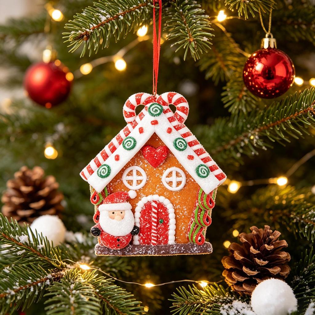Christmas Polymer Clay Gingerbread House Ornaments, Xmas Tree Hanging Decorations (3 Pieces Per Set)