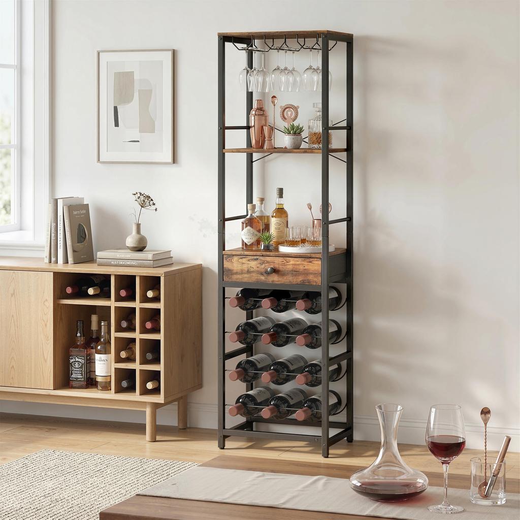 Wine Bar Cabinet with Drawer, Industrial Bar Cabinet, Wine Rack for 12 Bottles, Glass Holder, Rustic Brown