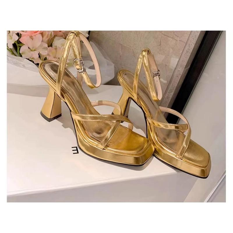 Summer New Sandals Women's Open-toe Gold One-word Buckle Silver Sexy Thick Heel High Heel