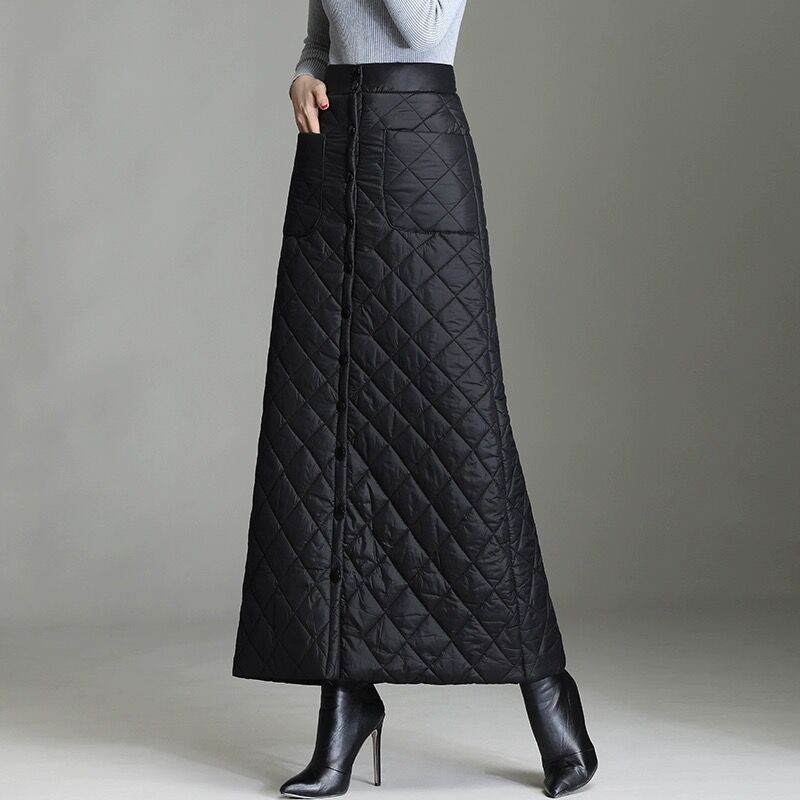 Thickened Warm Mid-length Down Cotton Skirt Double-breasted Autumn and Winter One-piece Skirt A-line Hip Skirt