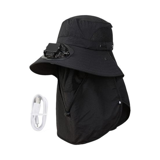 Men Solar Fan Hat with Face And Neck Cover USB Rechargeable Fan Large Brim Hollow Mesh Windproof Strap Anti-UV Sunlight Protection Outdoor Fishing