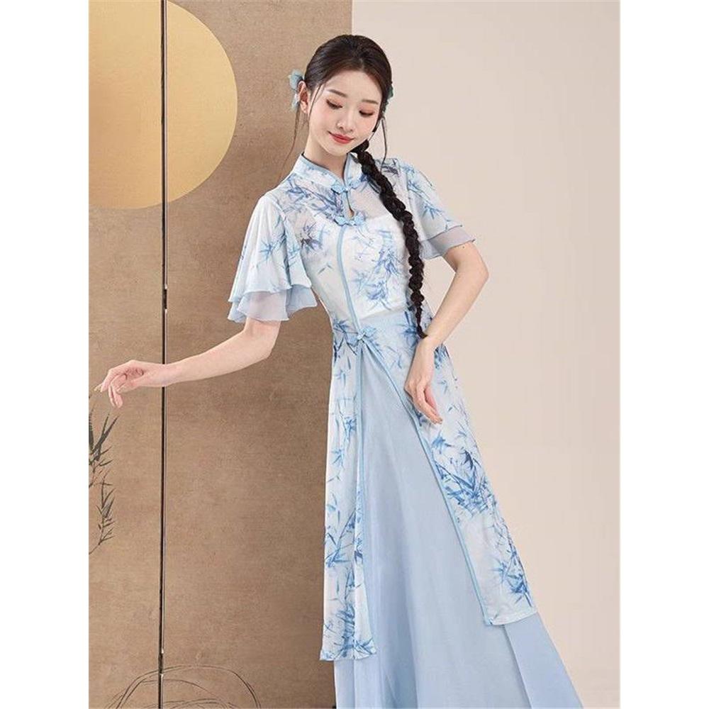 Women's Bamboo Print Qipao Collar Classical Dance Costume, Flowy Chiffon Skirt Folk Dance Performance Outfit
