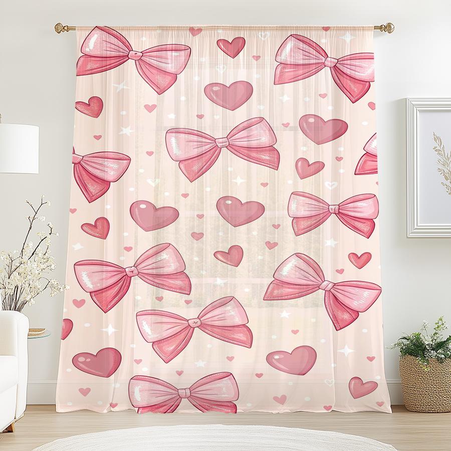 1 Stück Rosa Schleife Herz Transparenter Vorhang - Valentinstag Süßes Mädchen Stil Lichtfilternder Vorhang für Schlafzimmer & Wohnzimmer