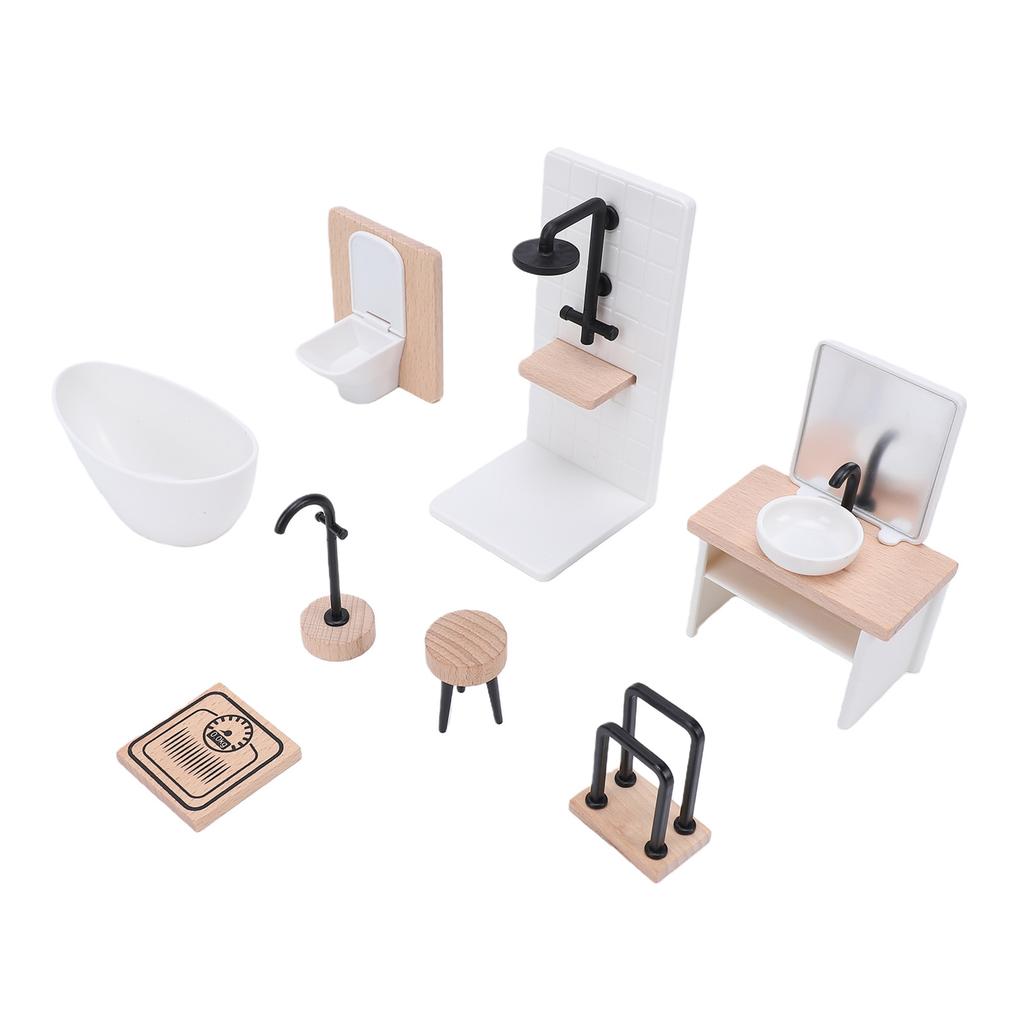 1:12 Scale Miniature Dollhouse Bathroom Set Mini Shower Room Toilet Sink Bathtub Stool Faucet Furniture Accessories
