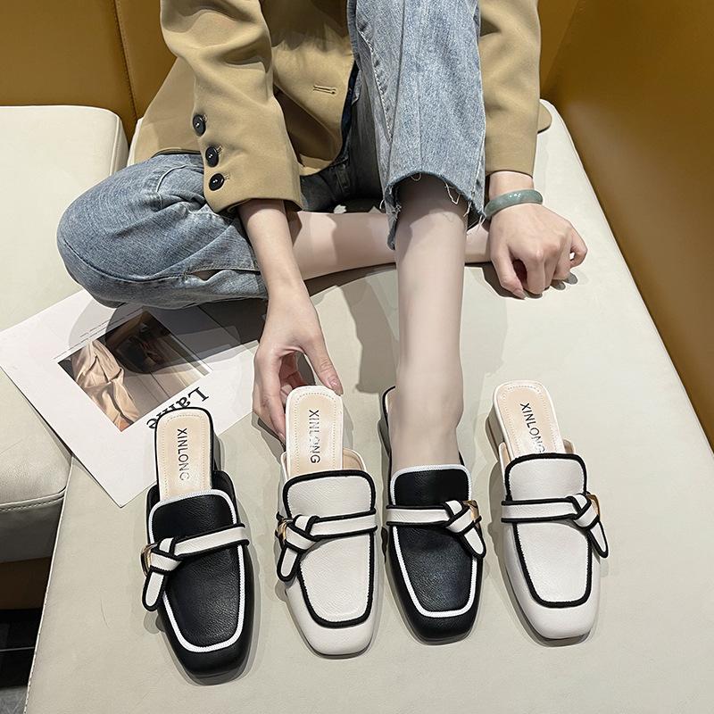 Baotou half slippers women's new summer middle heel women's shoes fashion thick heel Internet celebrity Muller cool slippers