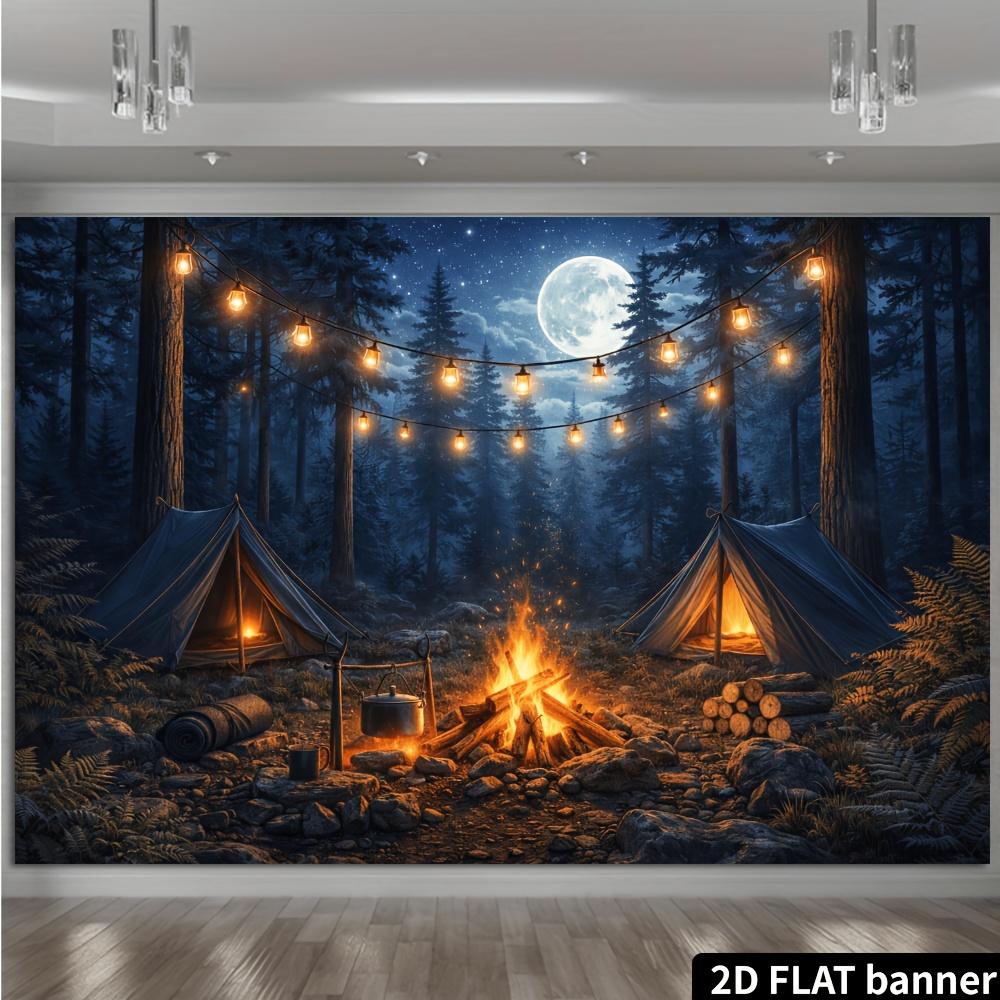 2D Flat Camping Theme Banner Background - Camping In the Forest At Night Theme, Including a Campfire