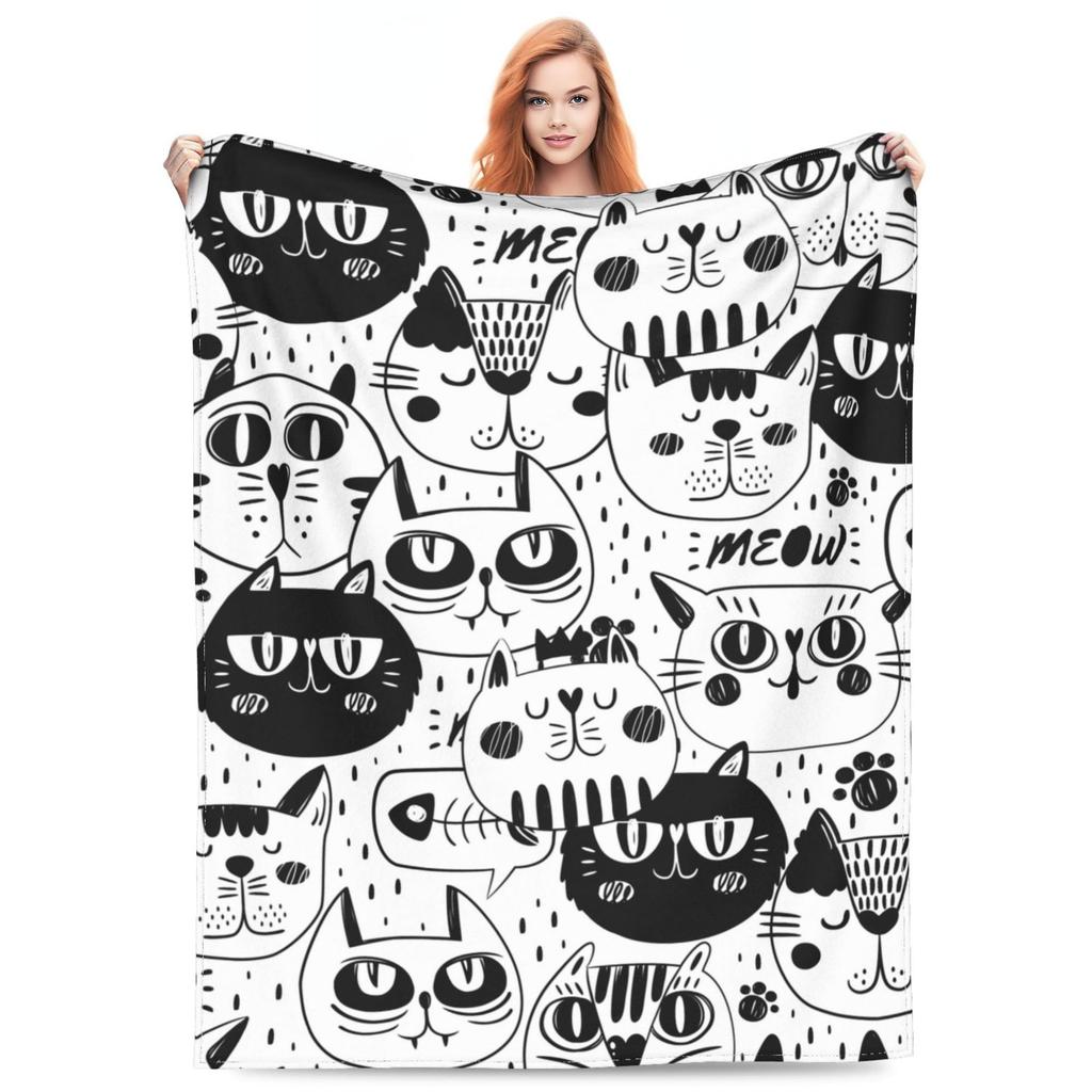 Cute Cat Flannel Blanket Multiple Sizes 2D Print Pink Face Kitty Design Soft Throw Sofa Bedroom Office Snuggle