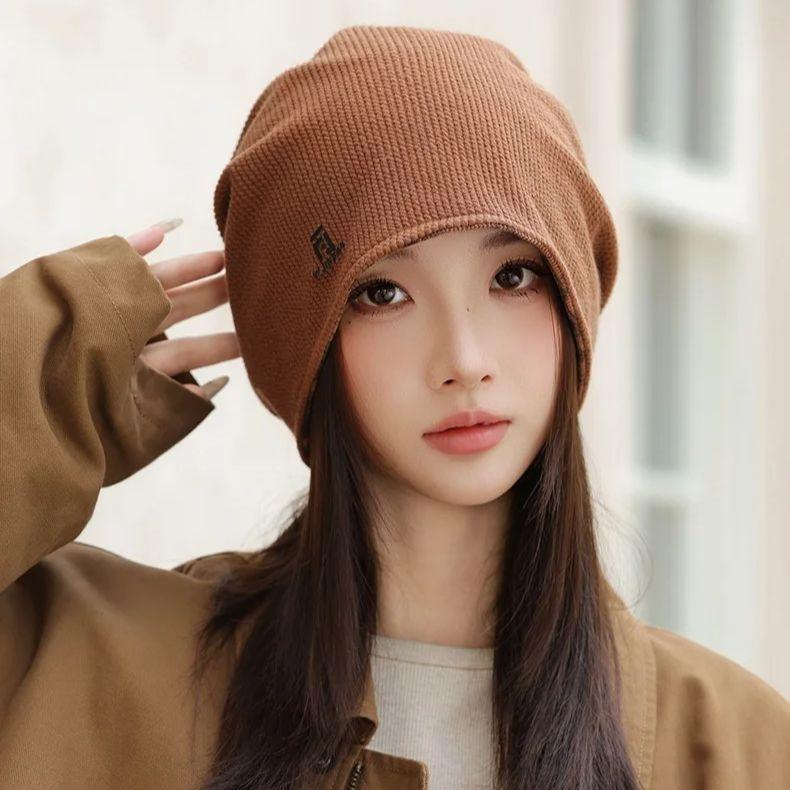 Autumn Winter Woolen Hat Women's American Casual Peplum Cold Hat Reversible Wearable Knit Hat Big Head Circle Show Face Smaller