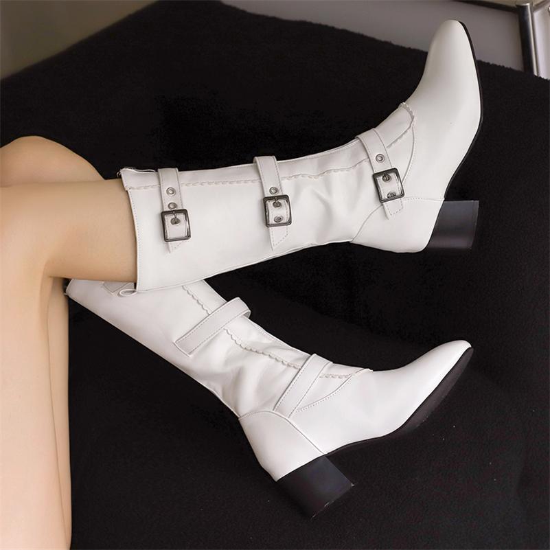 FOREADA Women Mid Calf Boots Round Toe Chunky Mid Heels Buckle Zipper Concise Ladies Fashion Shoes Winter Black White Brown 46