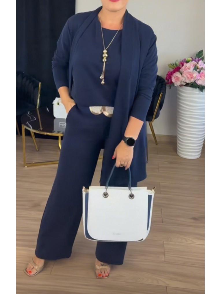 2025 Women's Solid Color Round Neck Long Sleeve Top and Belted Pants 3-Piece Set