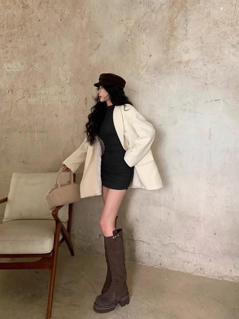Slim Fit Half-High Collar Long Sleeve Dress for Women - Sexy Autumn/Winter Hip-Hugging Style