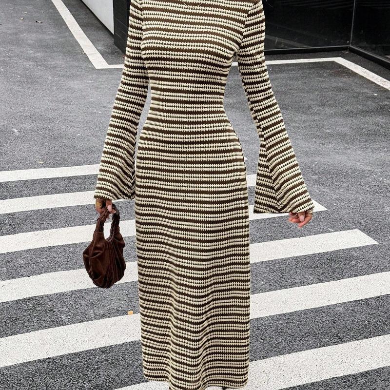 JPNTKY Women's Fashion Summer Spring O-Neck Long Sleeve Casual Dresses