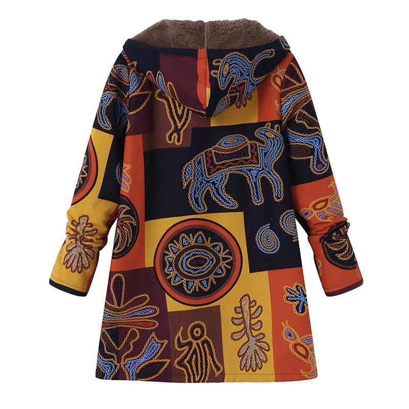 Giacca da donna con cappuccio taglie forti con stampa floreale vintage in peluche composito spesso con cerniera a maniche lunghe