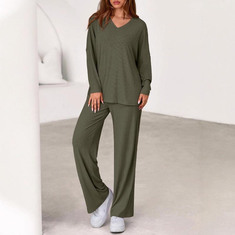 New Spring/Summer Two-Piece Set Cotton-Like Casual V-Neck Long-Sleeve Loose-Fit Pants Set for Women