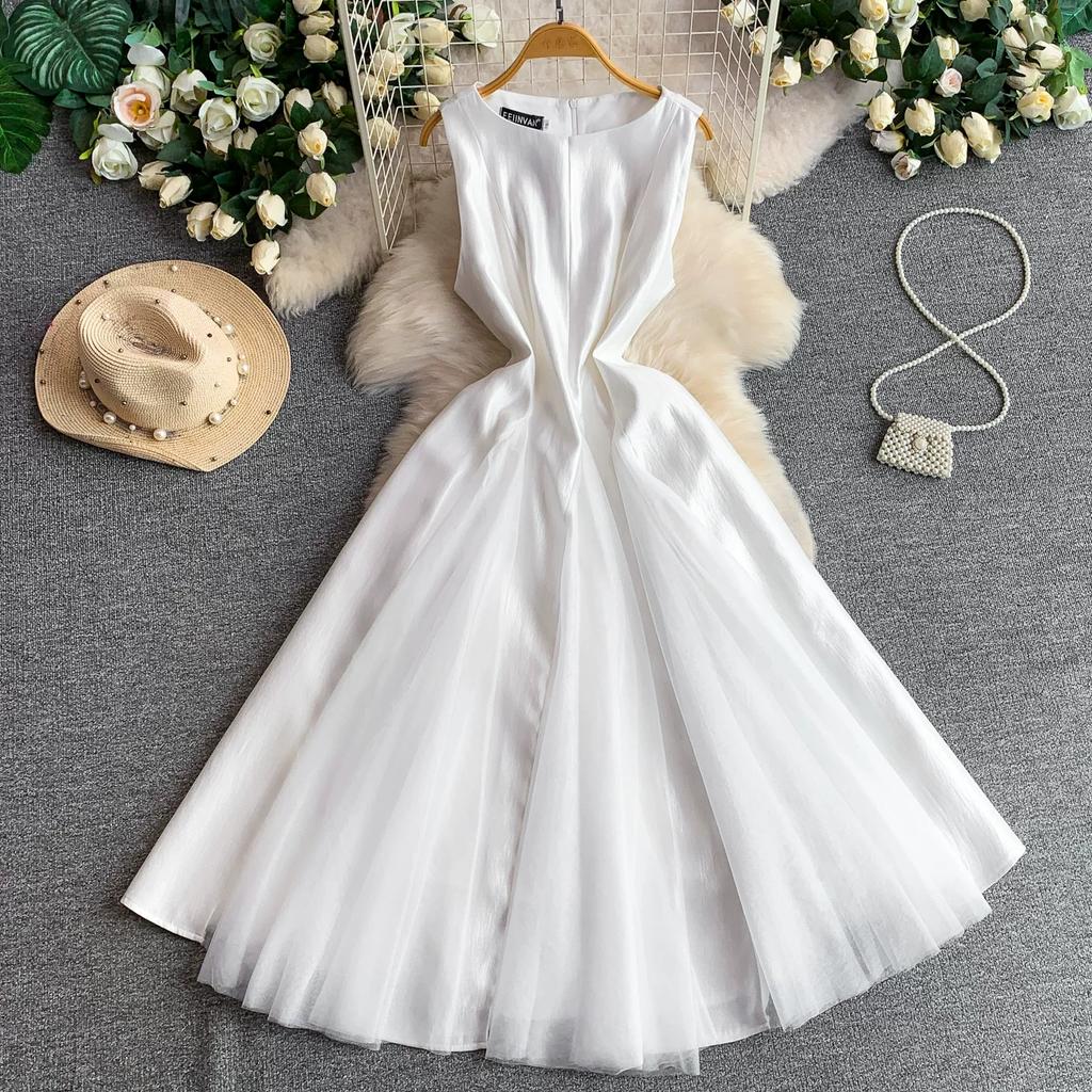 Summer New Sleeveless White Spliced Tulle Satin Maxi Dress Women‘s O Neck Slim Waist Ruched A Line Formal Wedding Evening Party Dress