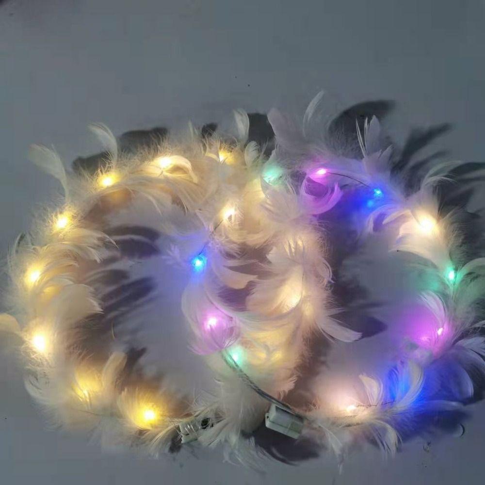 Christmas LED Feather Headband New Year Women Hairband Sweet White Feather Luminous Garland  Party