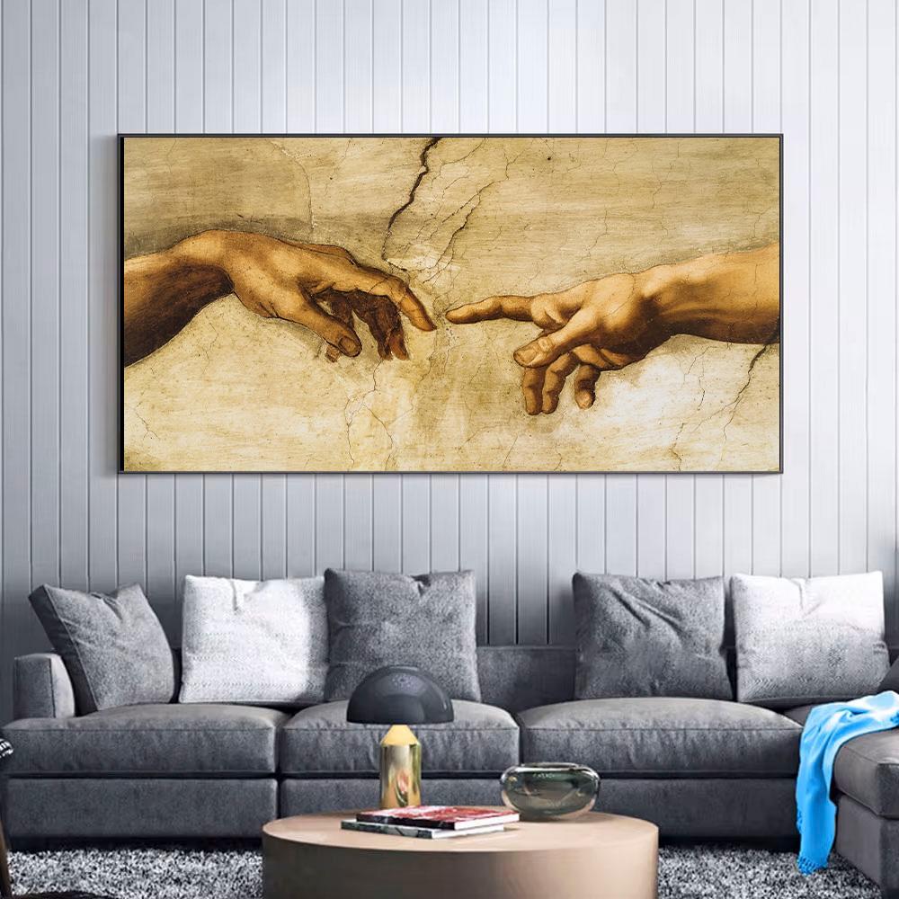 Famous Art Hand To Hand The Creation of Adam By Michelangelo Canvas Paintings Wall Pictures Posters and Prints for Living Room