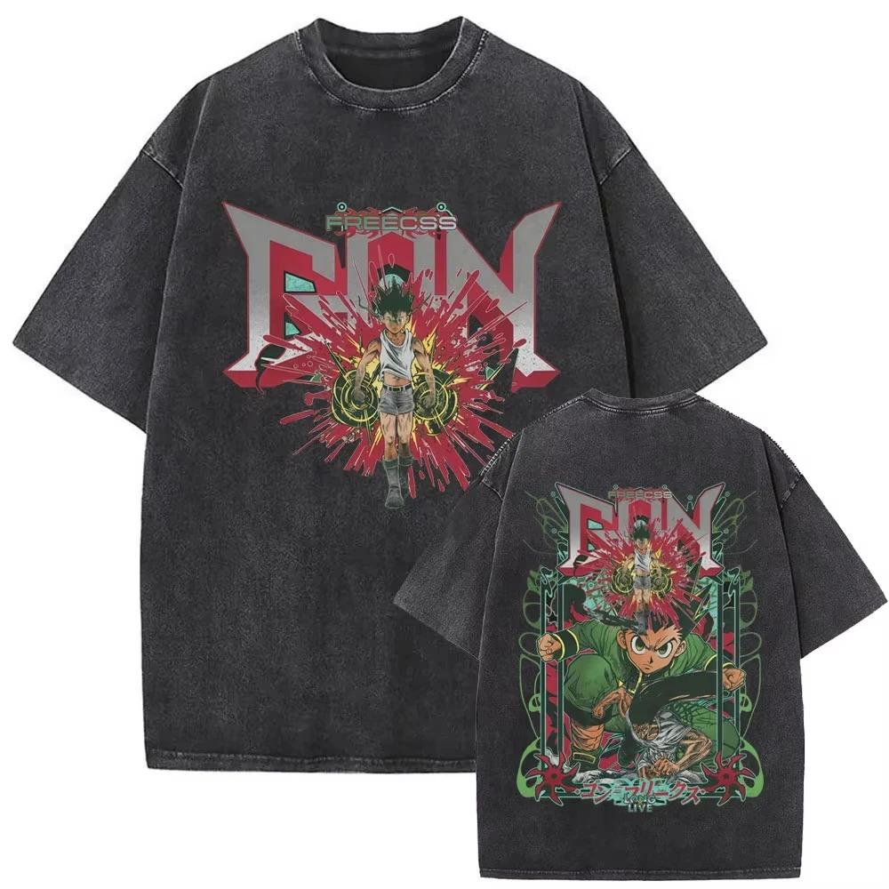 Vintage Washed Oversized Short-Sleeve T-Shirt Featuring Hunter x Hunter Main Characters Group Art, Series Logo and Japanese Title Graphic Print