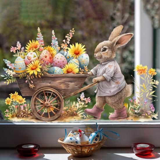 Easter Window Clings Decoration Cute Bunny Pushing Cart Window Sticker Reusable Static PVC Decals for Spring Party Door Wall Glass Window Home Decor