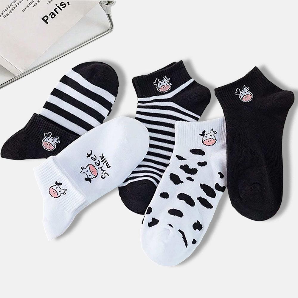 5 Paar Damen Freizeit Socken mit Cartoon-Muster Japanisches Kuhmuster Modisch Vielseitig Bequem Atmungsaktiv Freizeit Socken