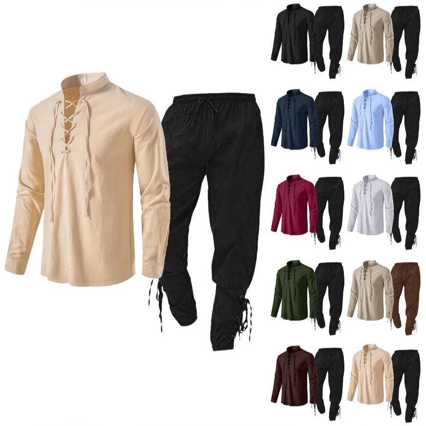 2Pcs Men's Medieval Knight Costume Set Renaissance Cosplay Pirate Shirts Ankle Banded Pants for Halloween Cotton Linen Fabric